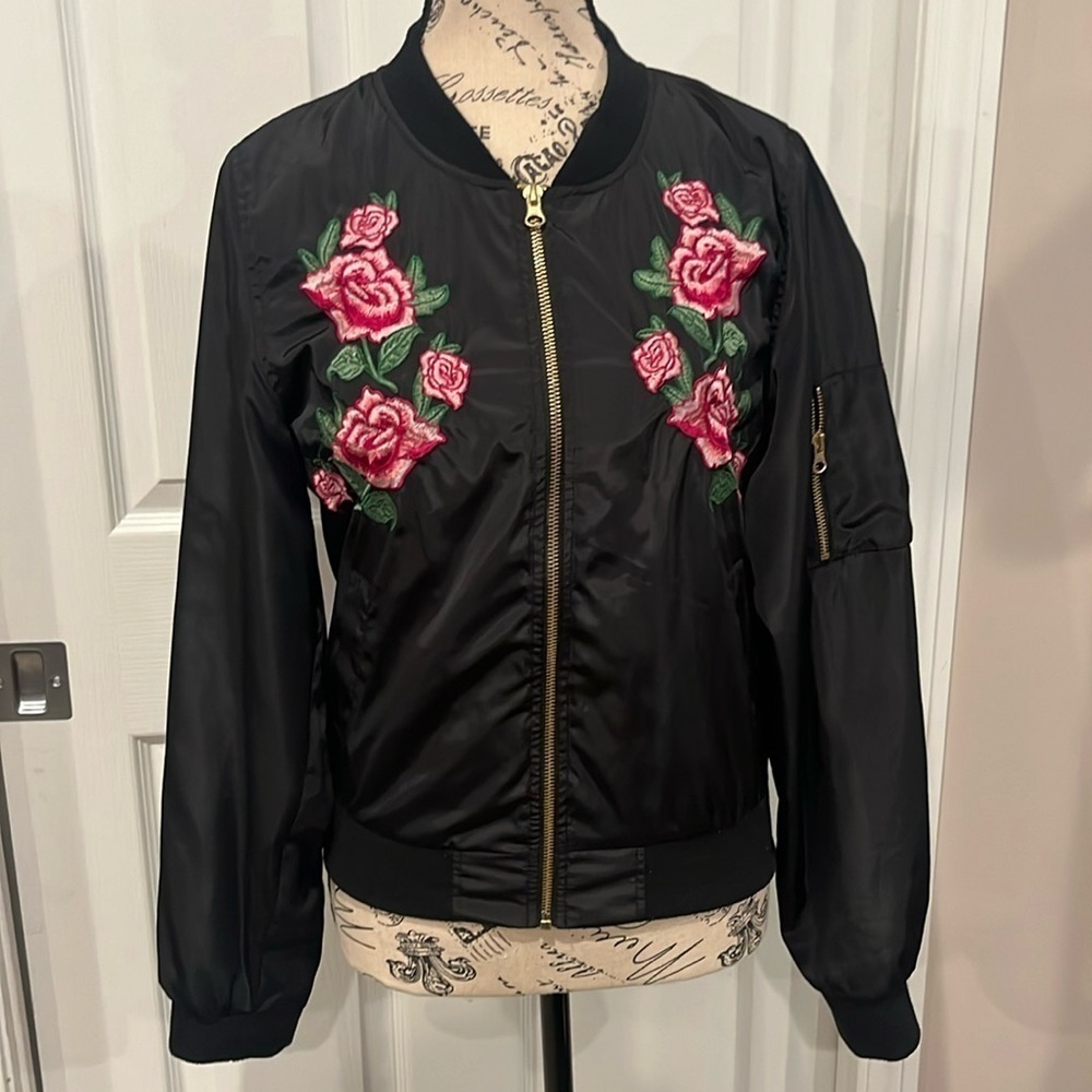 Love Tree Black satin embroidered Bomber Jacket.